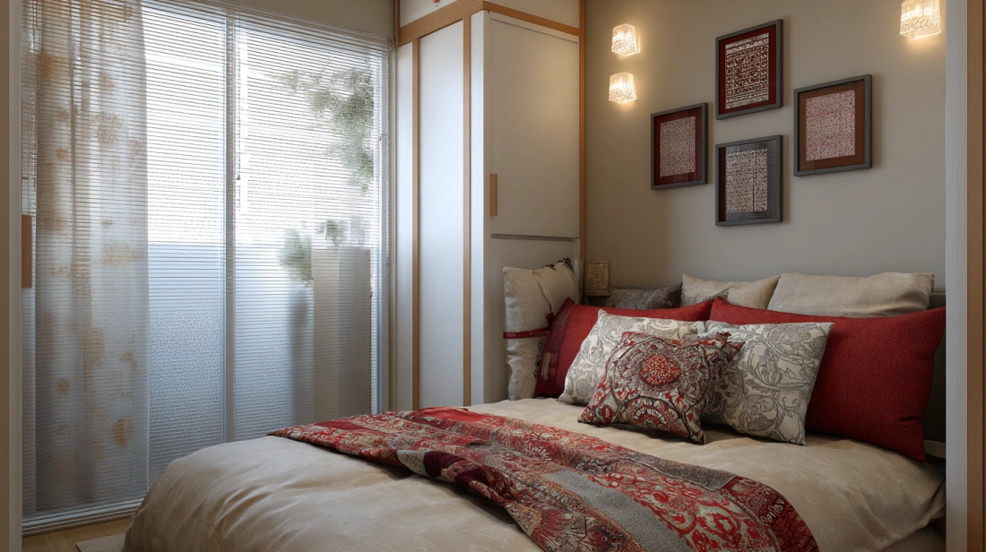 Frosted glass wall bedroom with blinds for city privacy