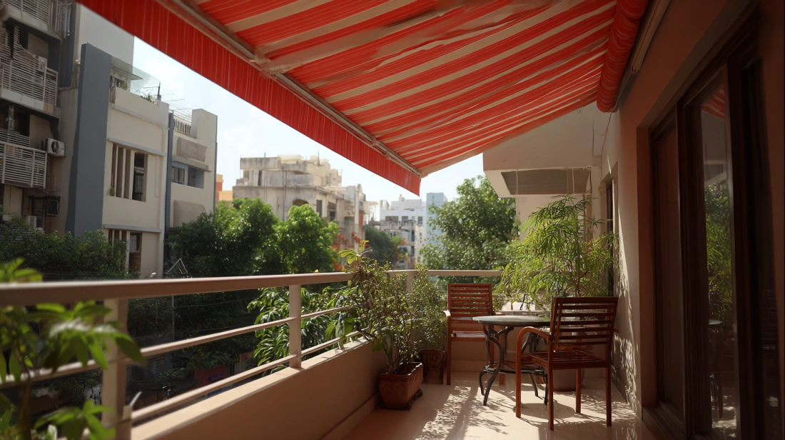 Retractable striped awning extending over a sunny outdoor balcony