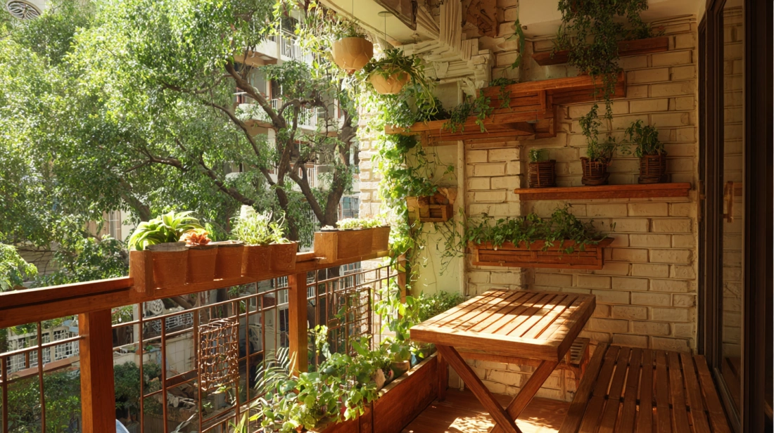 Vertical garden and shelving mounted on a balcony wall