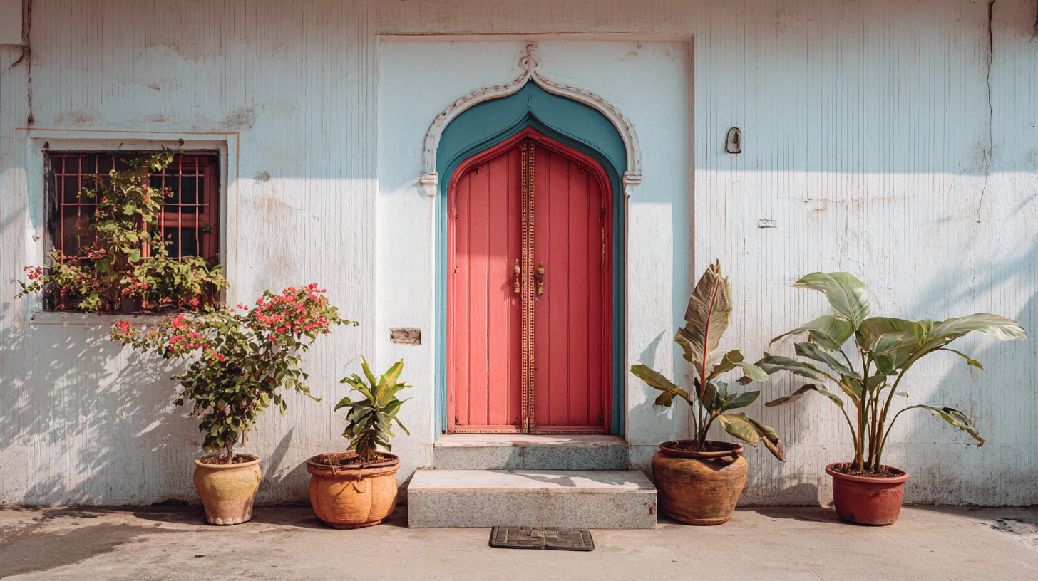 Bright painted wooden door with arch in white facade