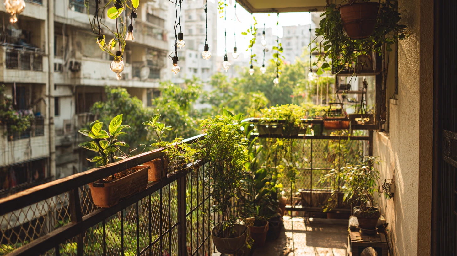 Balcony with a decorative metal grill and safety mesh