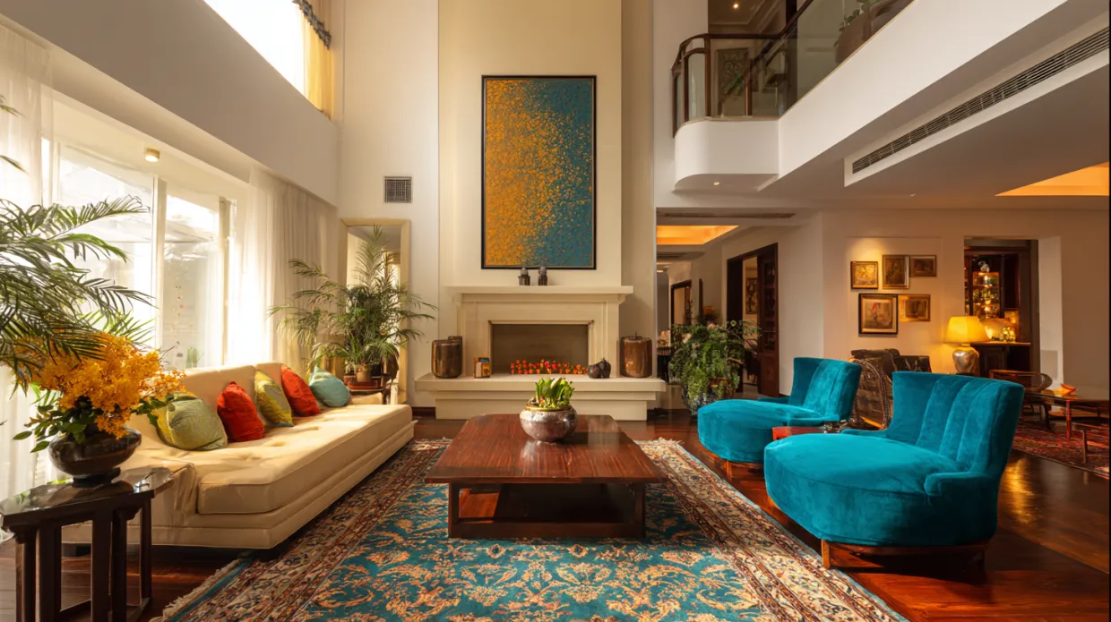 double height living room with rich, bold colors and elegant furnishings