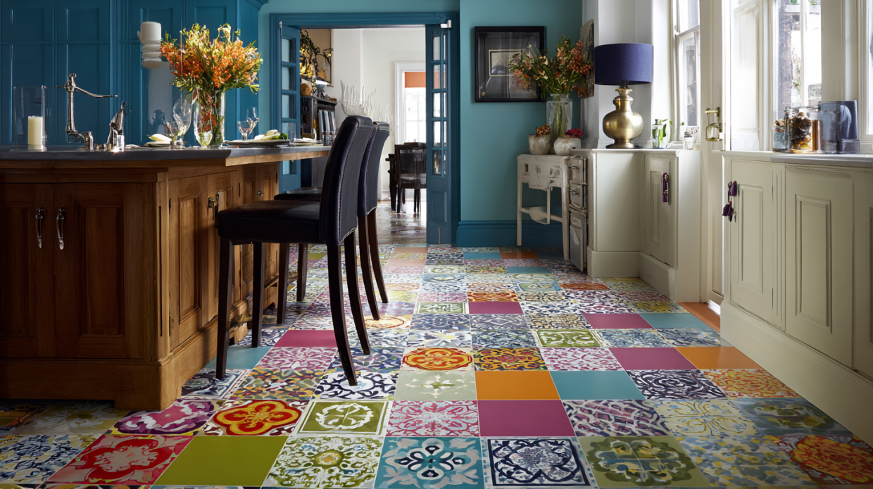 Use colourful vinyl to create a tiled impression Kitchen Floor Design