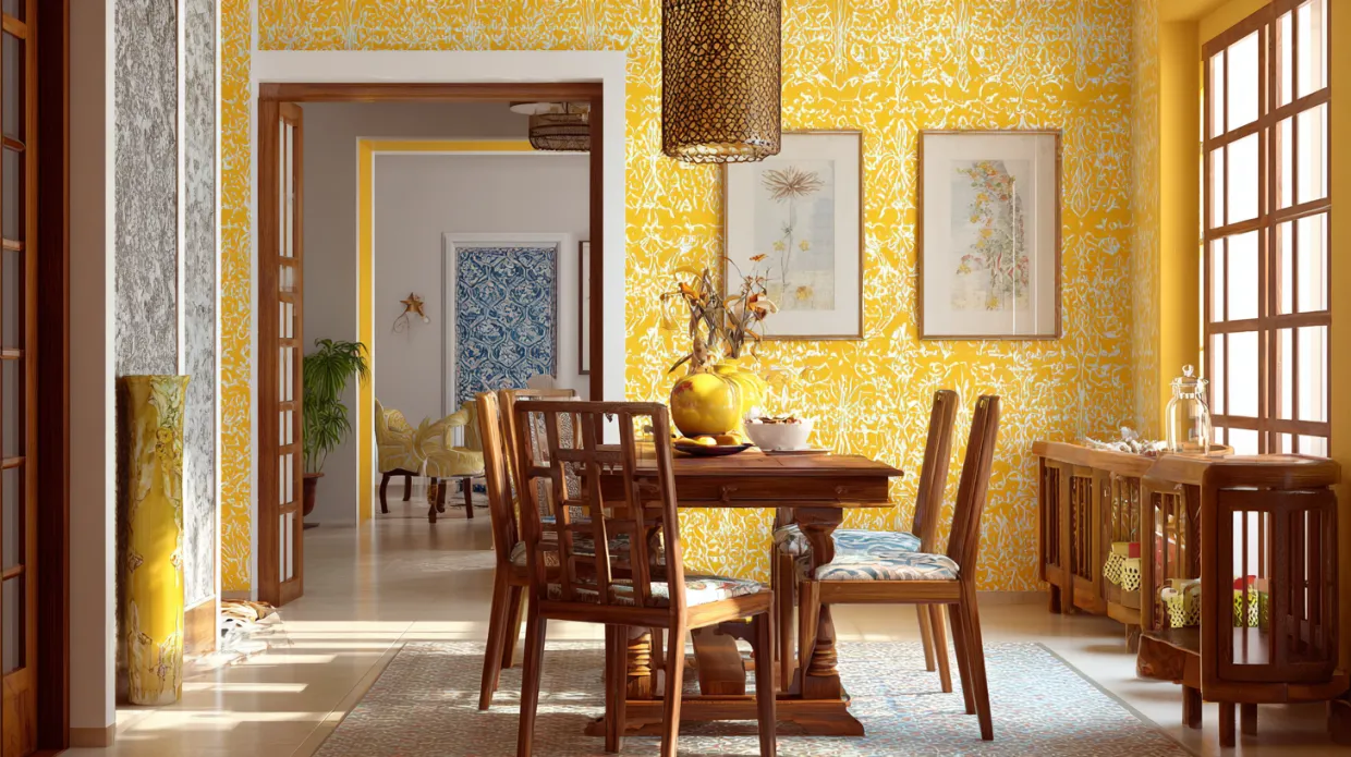 dining room design with wallpaper accent wall for visual interest