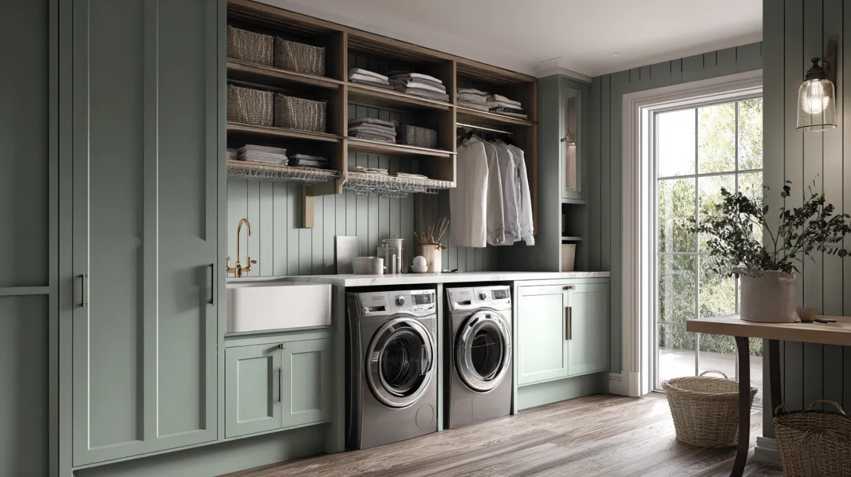 wall mounted and ceiling drying racks with painted cabinets in laundry