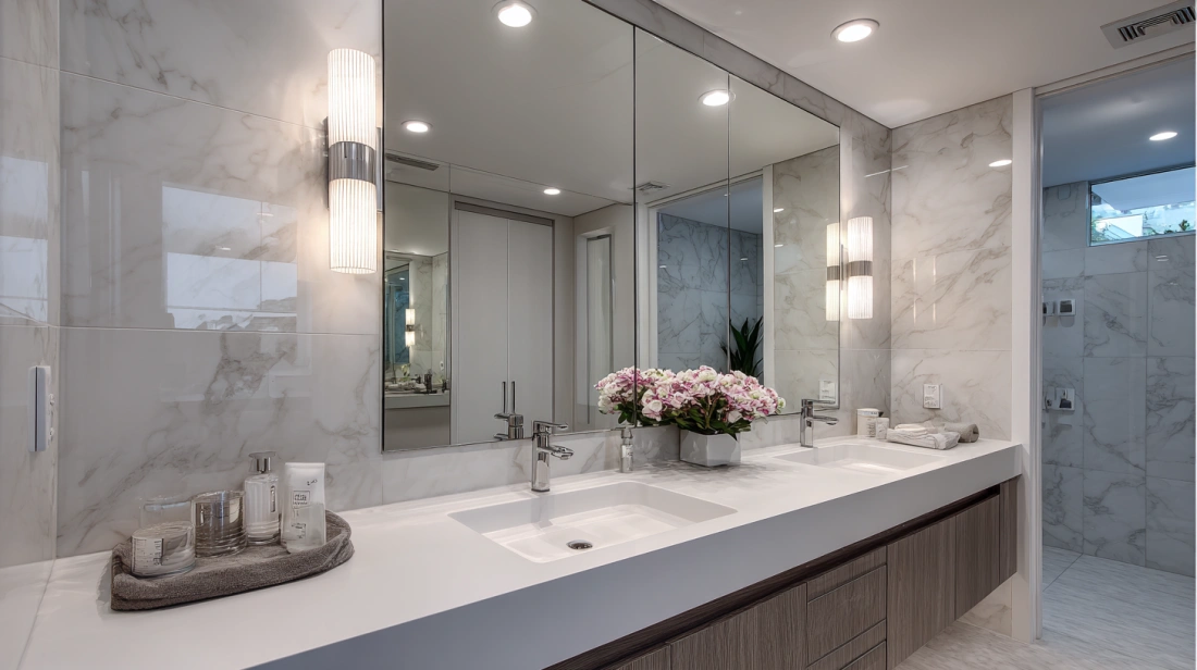 Bright vanity mirror area illuminated by overhead POP lights