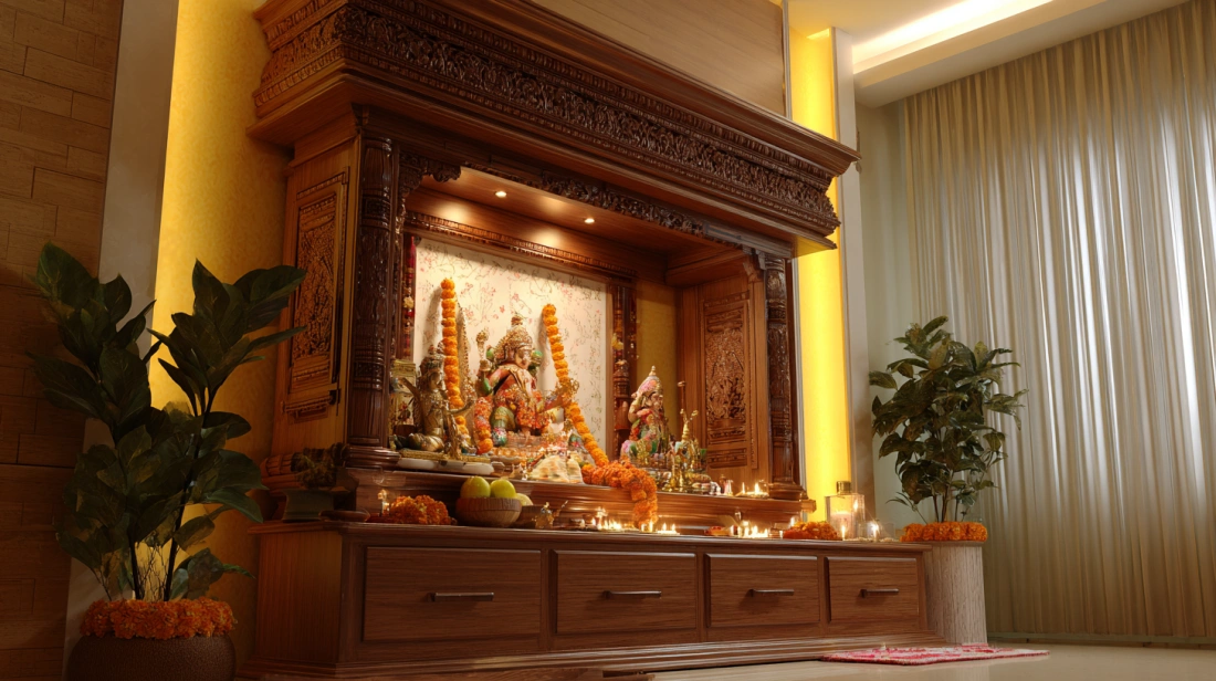 Plywood mandir against yellow vastu wall