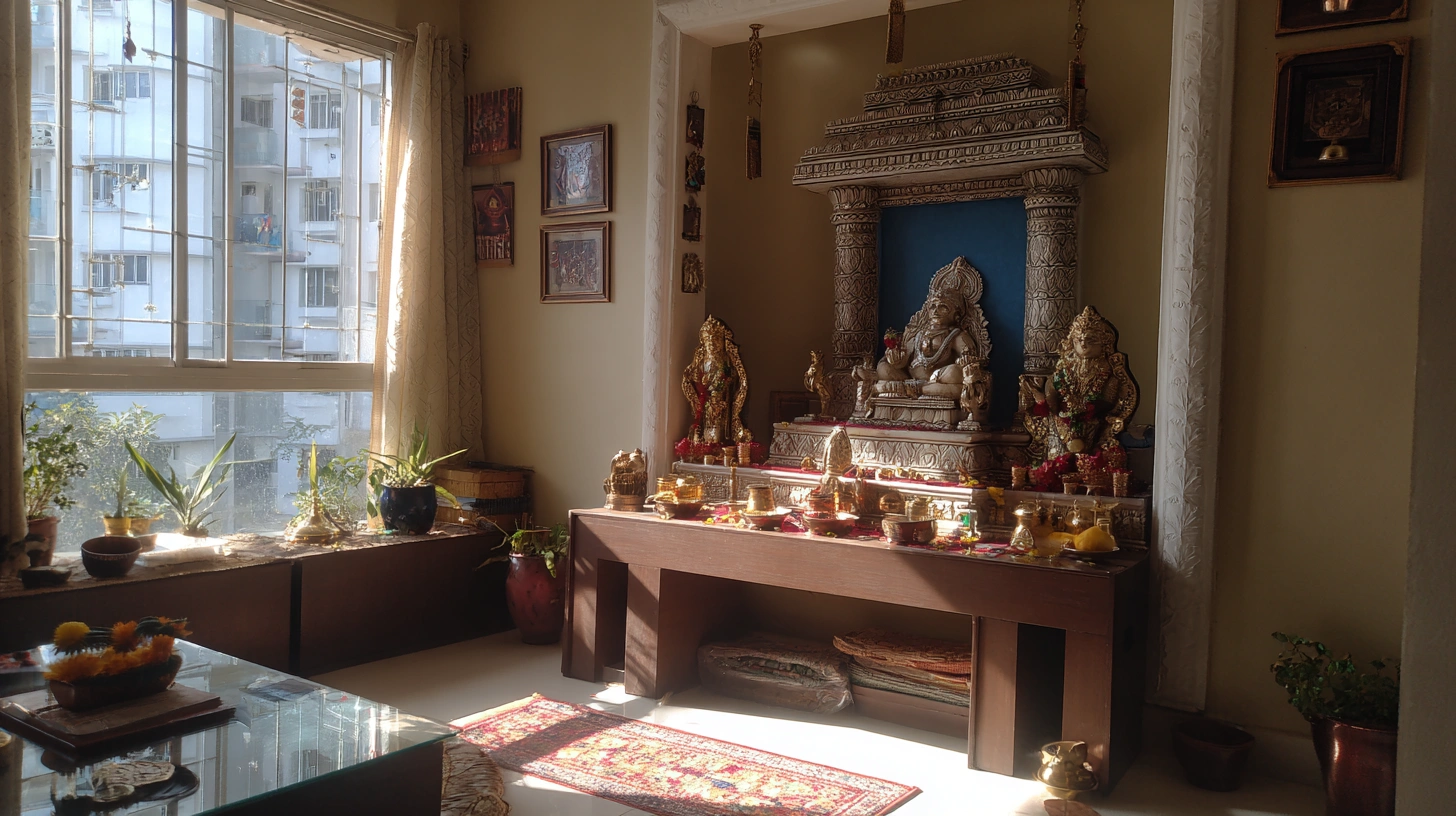 East facing wall mandir with diya and bells