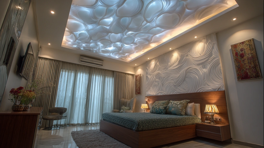 Angled PVC ceiling panels with a decorative geometric texture
