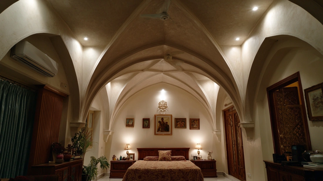 Sloped vaulted gypsum ceiling creating a grand, airy space