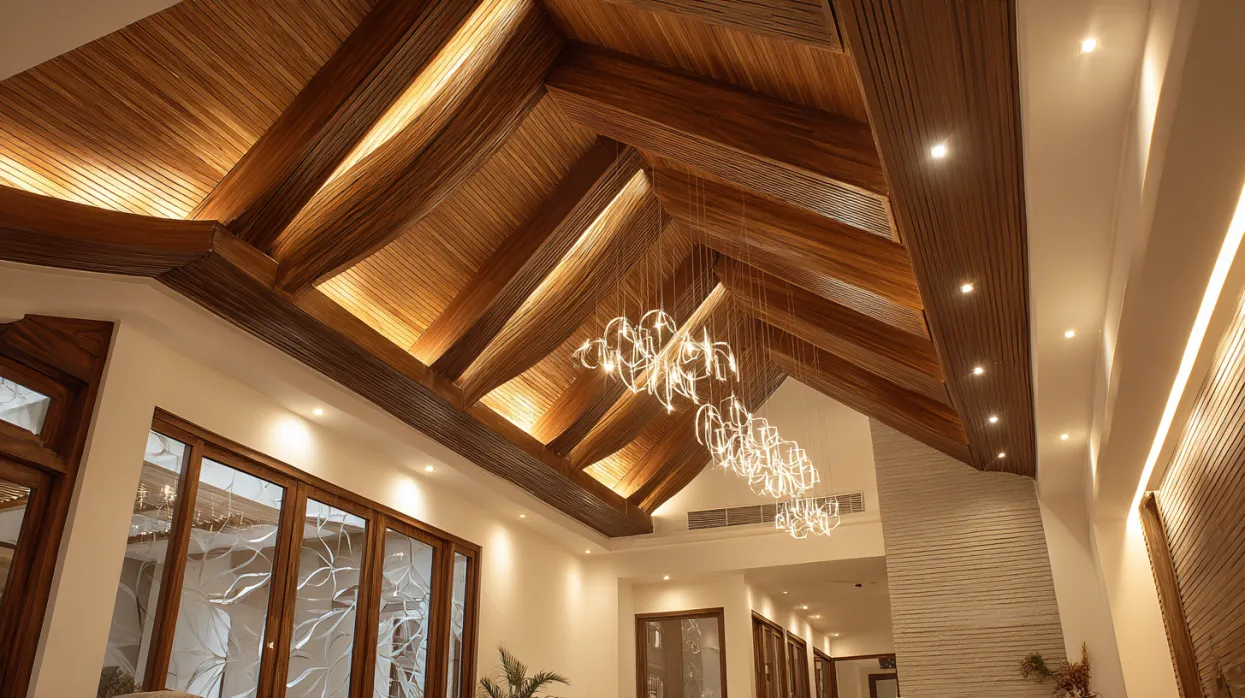 vaulted wooden false ceiling design for grand living rooms