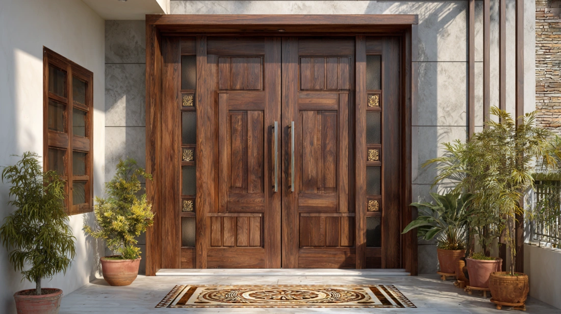 Veneer double main door with plants at Indian house entry