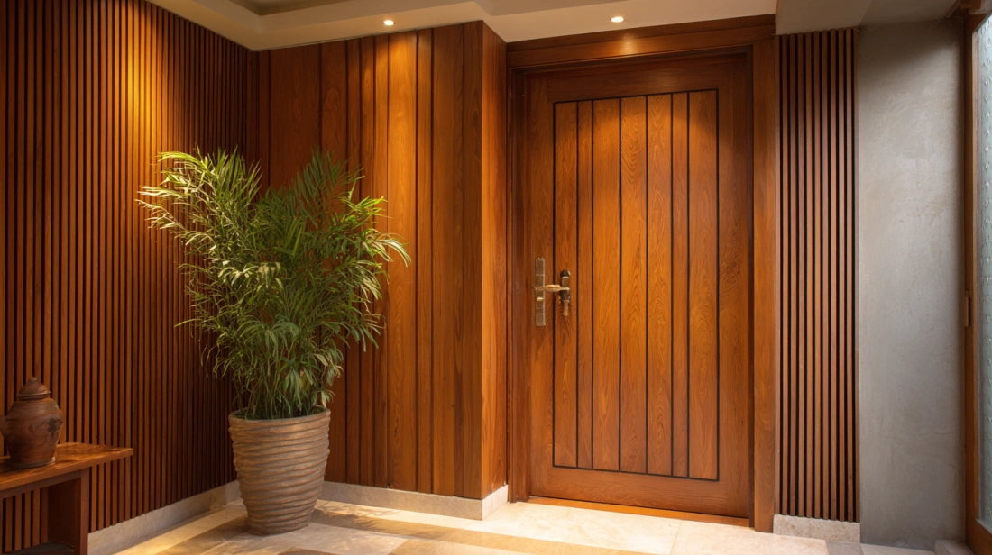 Veneer door with vertical grooves in small foyer area
