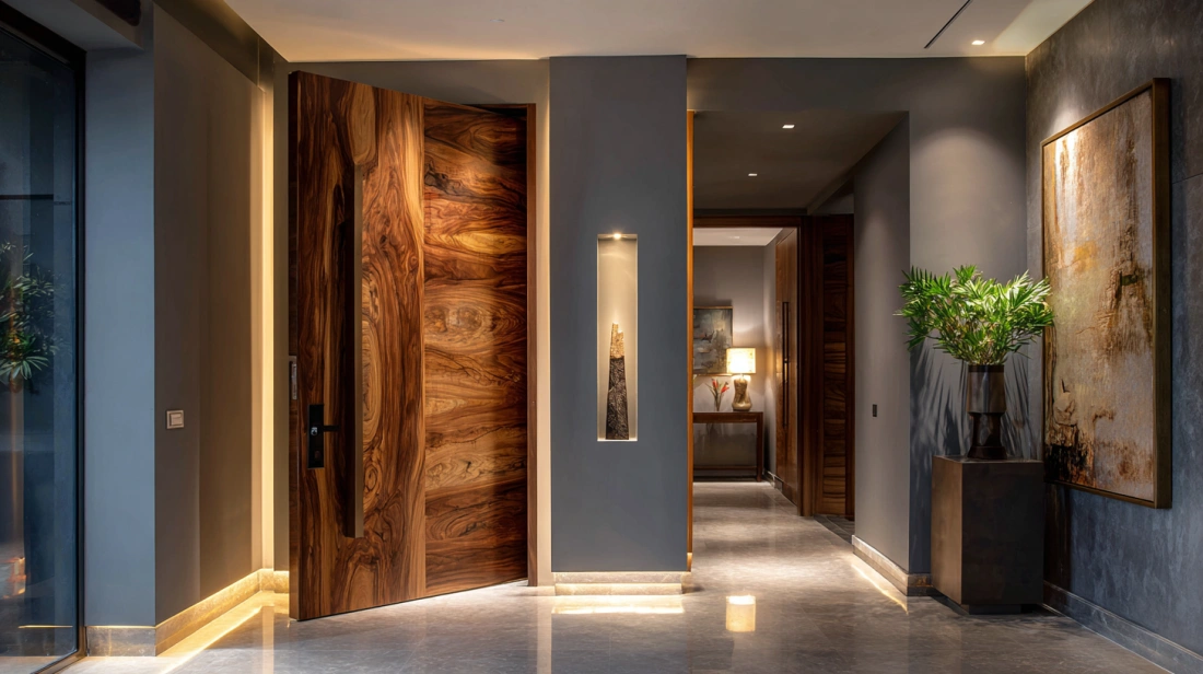 Tall veneer pivot door in modern Indian home interior