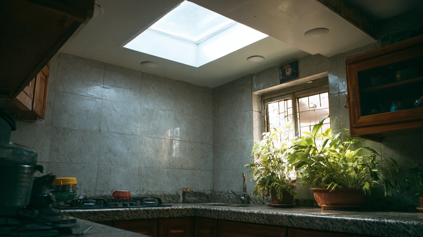 Square ventilated kitchen skylight providing natural light and airflow.
