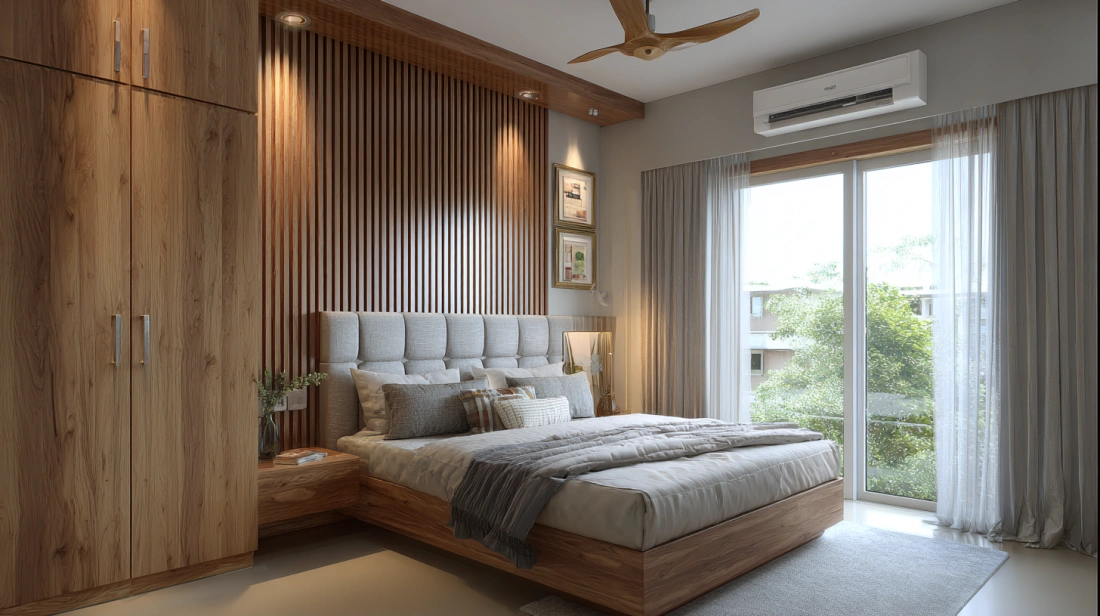 Tall wood slats form textured bed backdrop