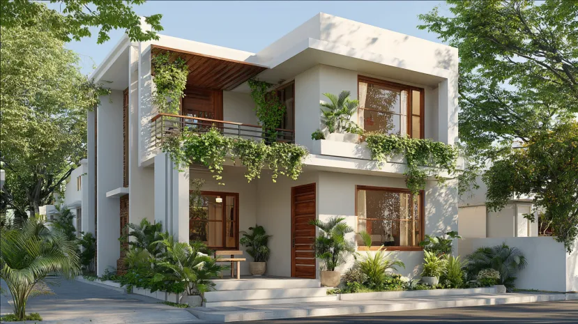 Low cost normal house front elevation with greenery