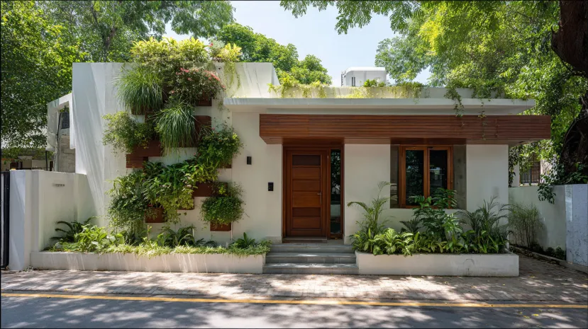 Small white house elevation with a lush vertical wall garden