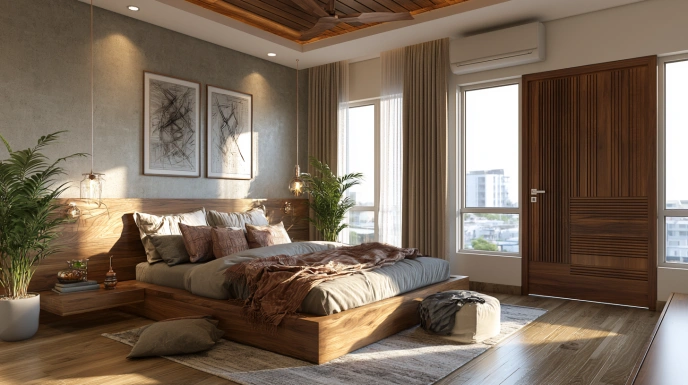 Vertical groove veneer bedroom door in walnut