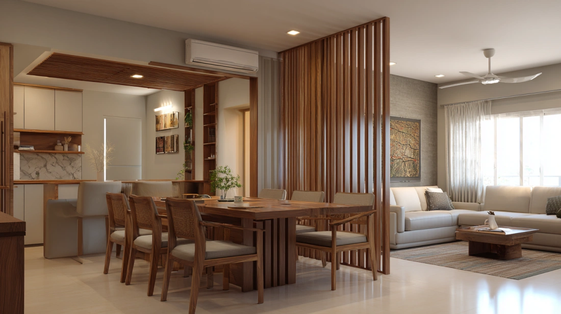 Linear wooden pillar screen separates cozy lounges