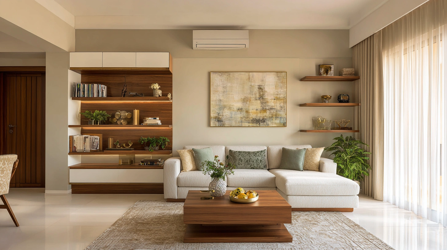 Living room with vertical storage and light walls