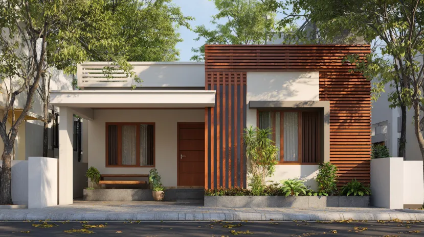 Low cost normal house front elevation with wood slats