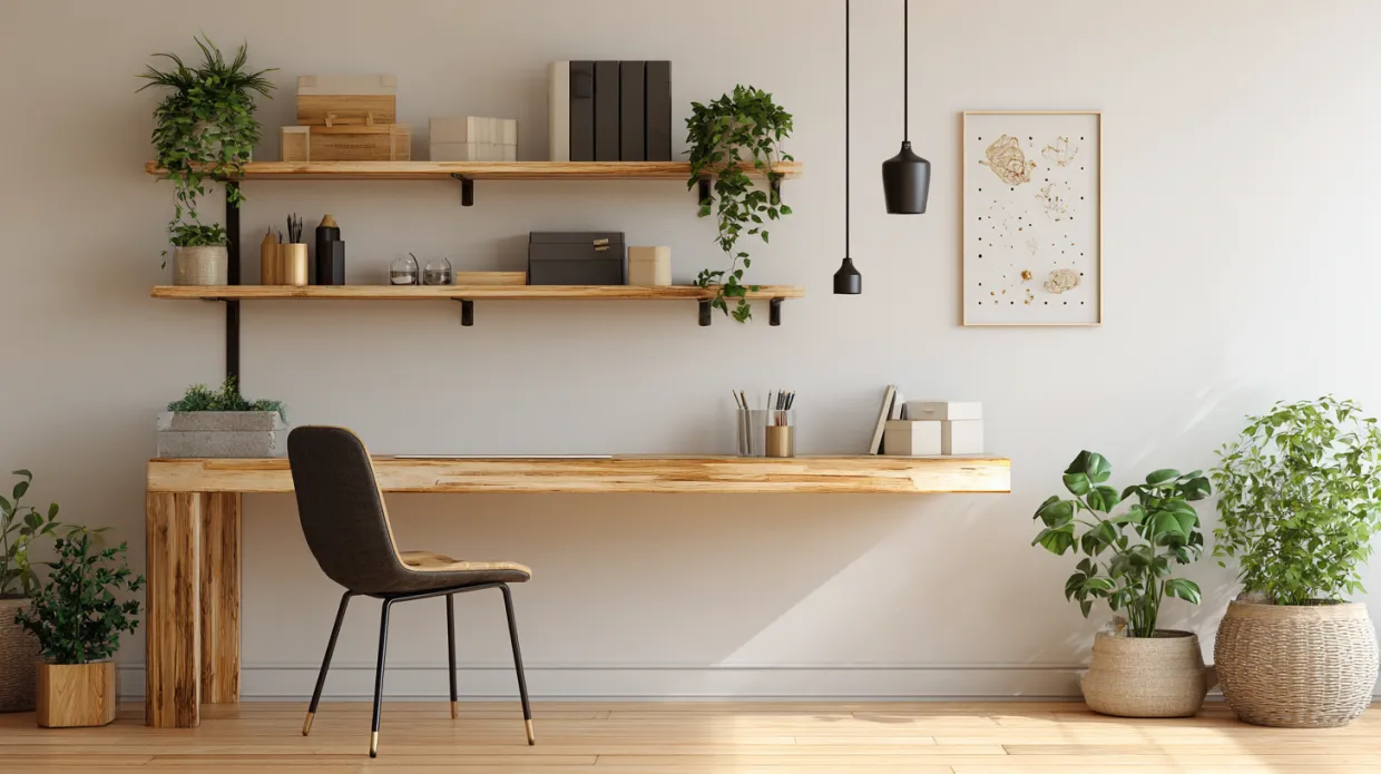 wall mounted shelves with slim desk in small home office