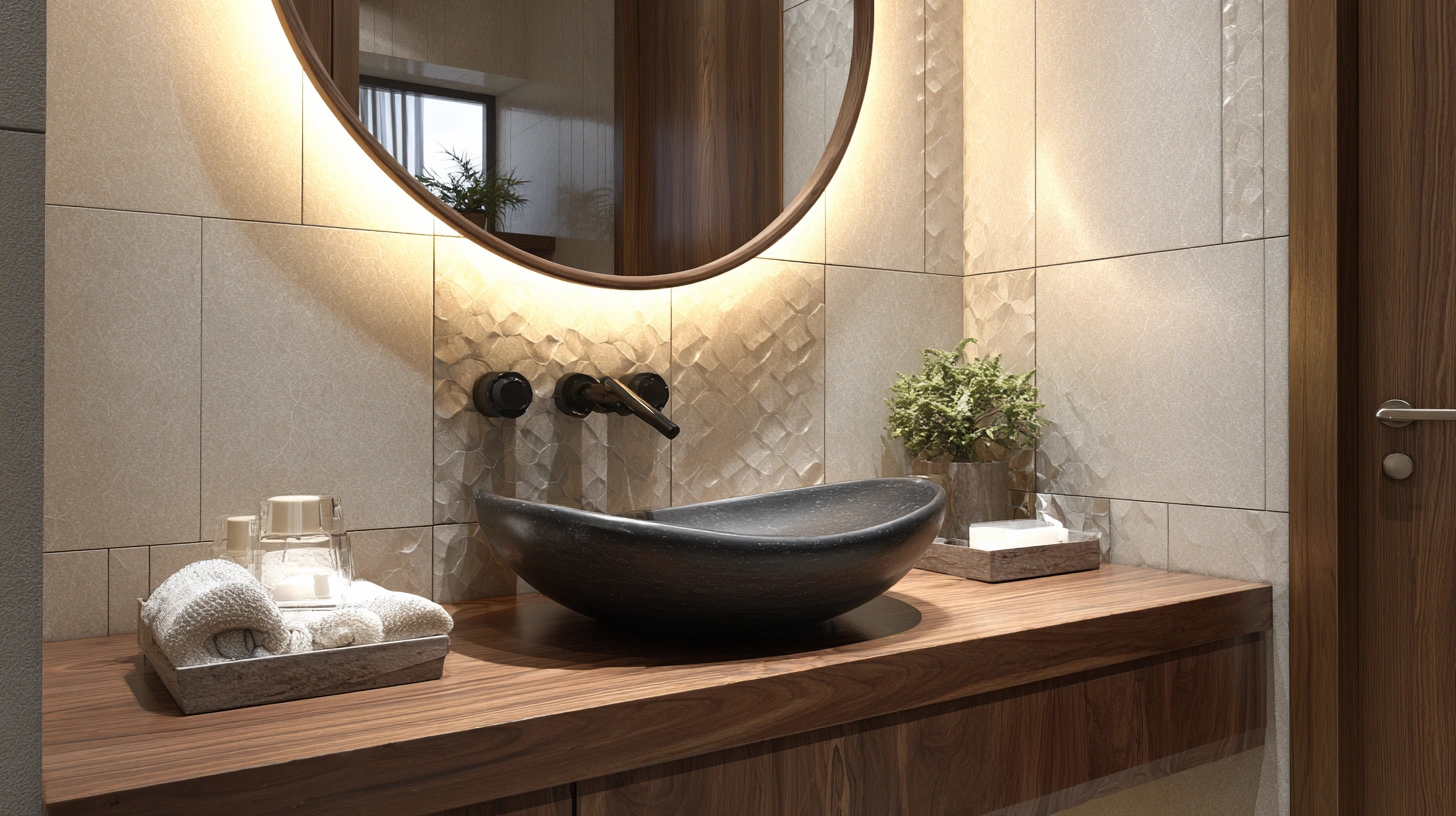 Matte black basin on wood cabinet near dining table
