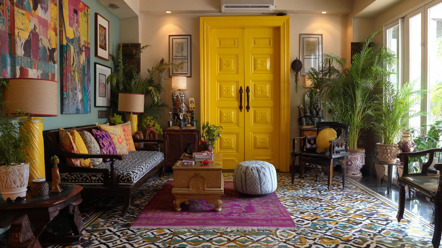 Vibrant yellow door energizing eclectic living room décor
