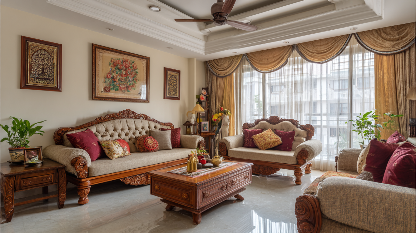 Victorian living room with ornate antique furniture
