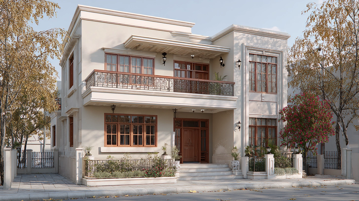 Pastel two-floor house with tall windows and trims