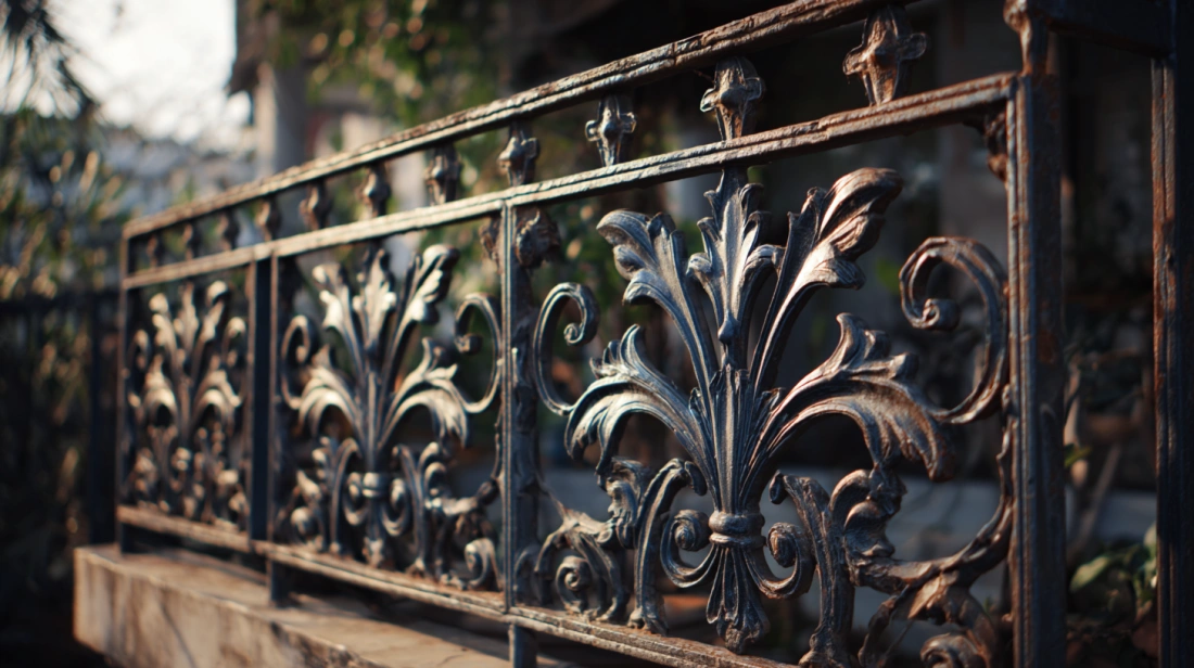 Ornate Victorian wrought iron fence with floral metalwork details.