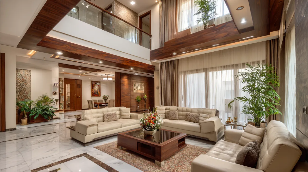 Detailed villa interior design with custom furniture.