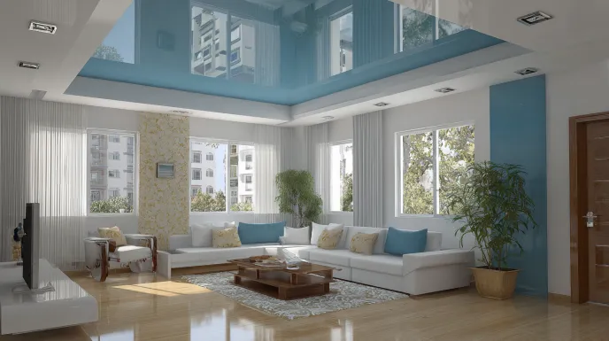 Modern living room with a blue glossy PVC false ceiling design