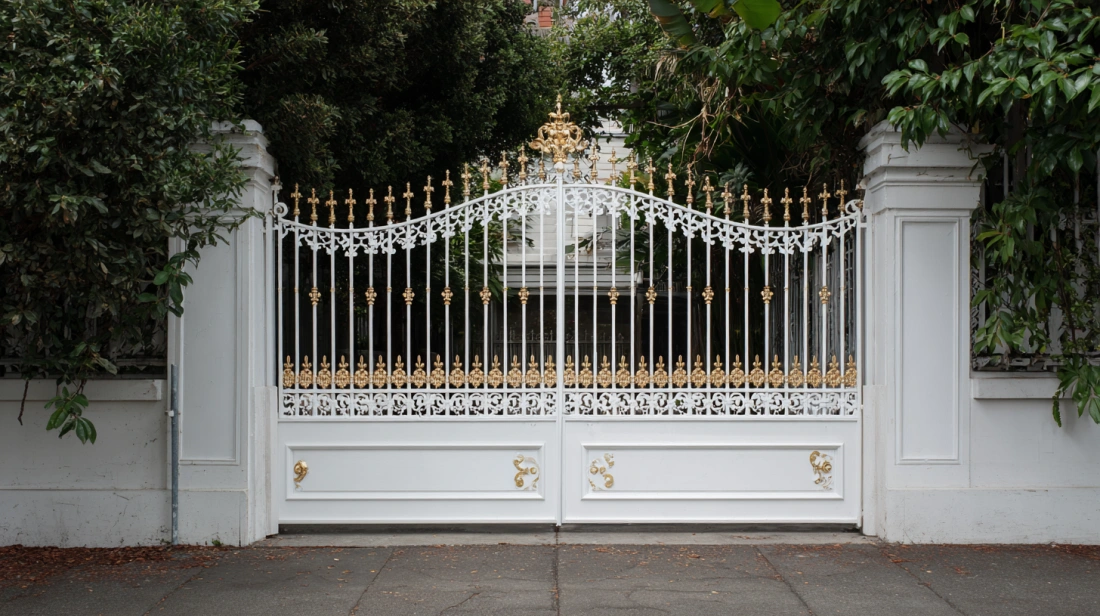 Antique wrought iron gate with polished brass handle and accents