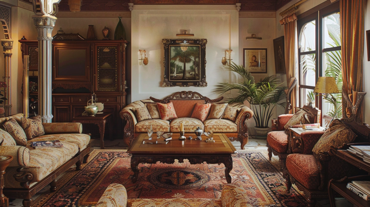 Vintage Indian living room with classic furniture and decor