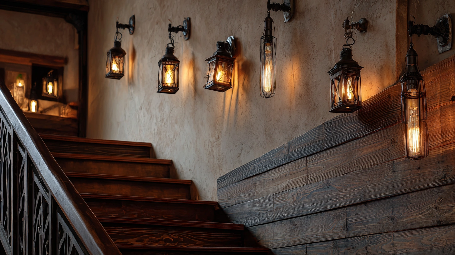 Classic lantern-style sconces mounted on a stairwell wall