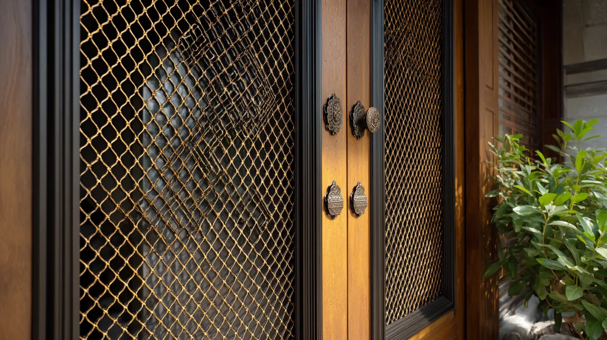 vintage-style iron mesh door with intricate patterns and sturdy frame