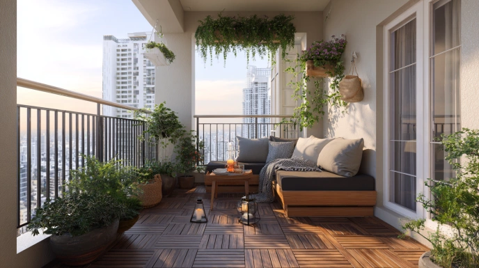 Balcony featuring wood-look vinyl flooring