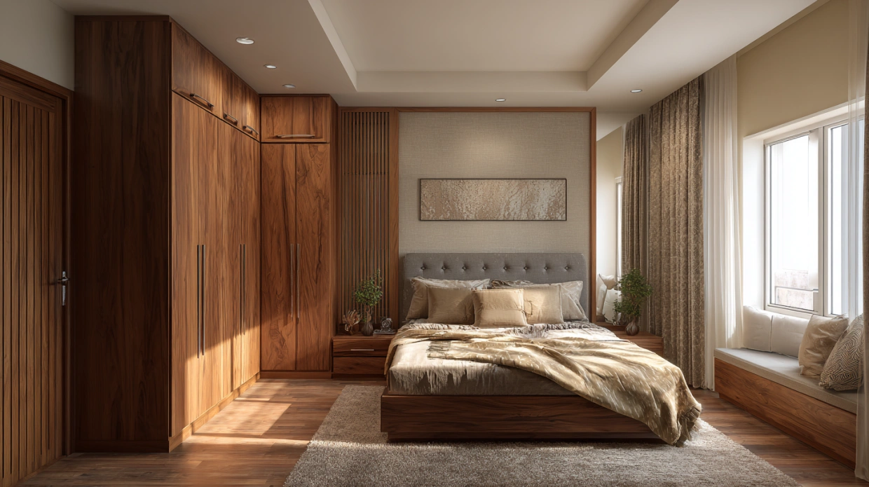 Bedroom with warm wood-look vinyl flooring