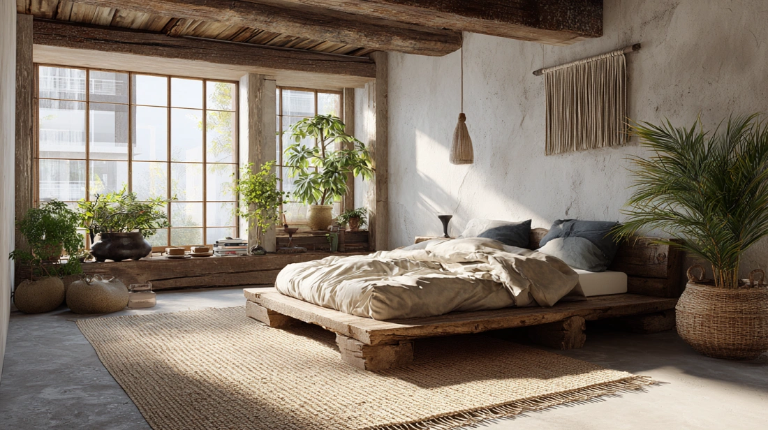 Handmade jute rug suits calm wabi sabi bedroom styling