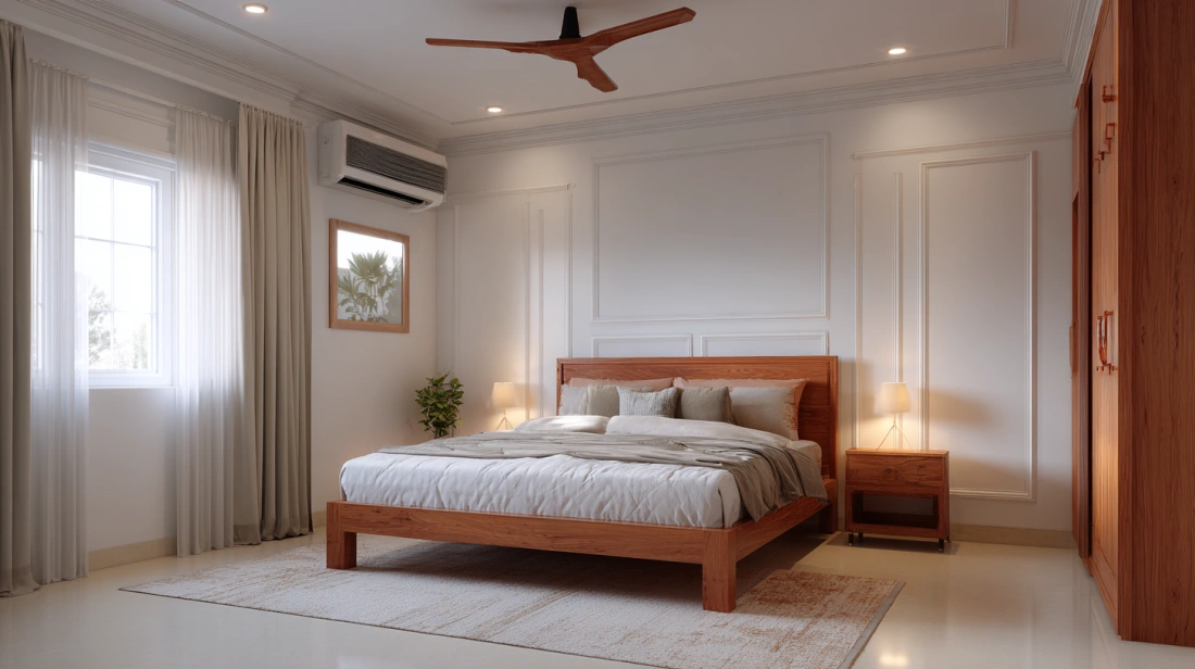Lower wood paneling integrates with bedroom headboard