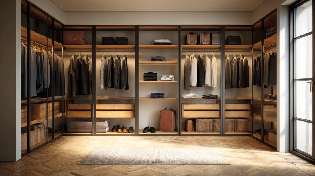 Open-concept iron shelving system within a walk-in closet