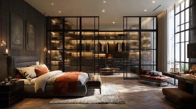 Walk-in wardrobe with glass partition panels