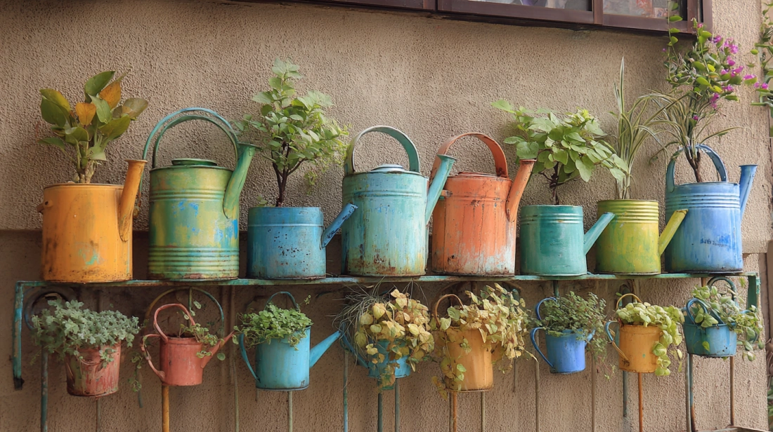 Painted metal jugs used as wall hanging planters