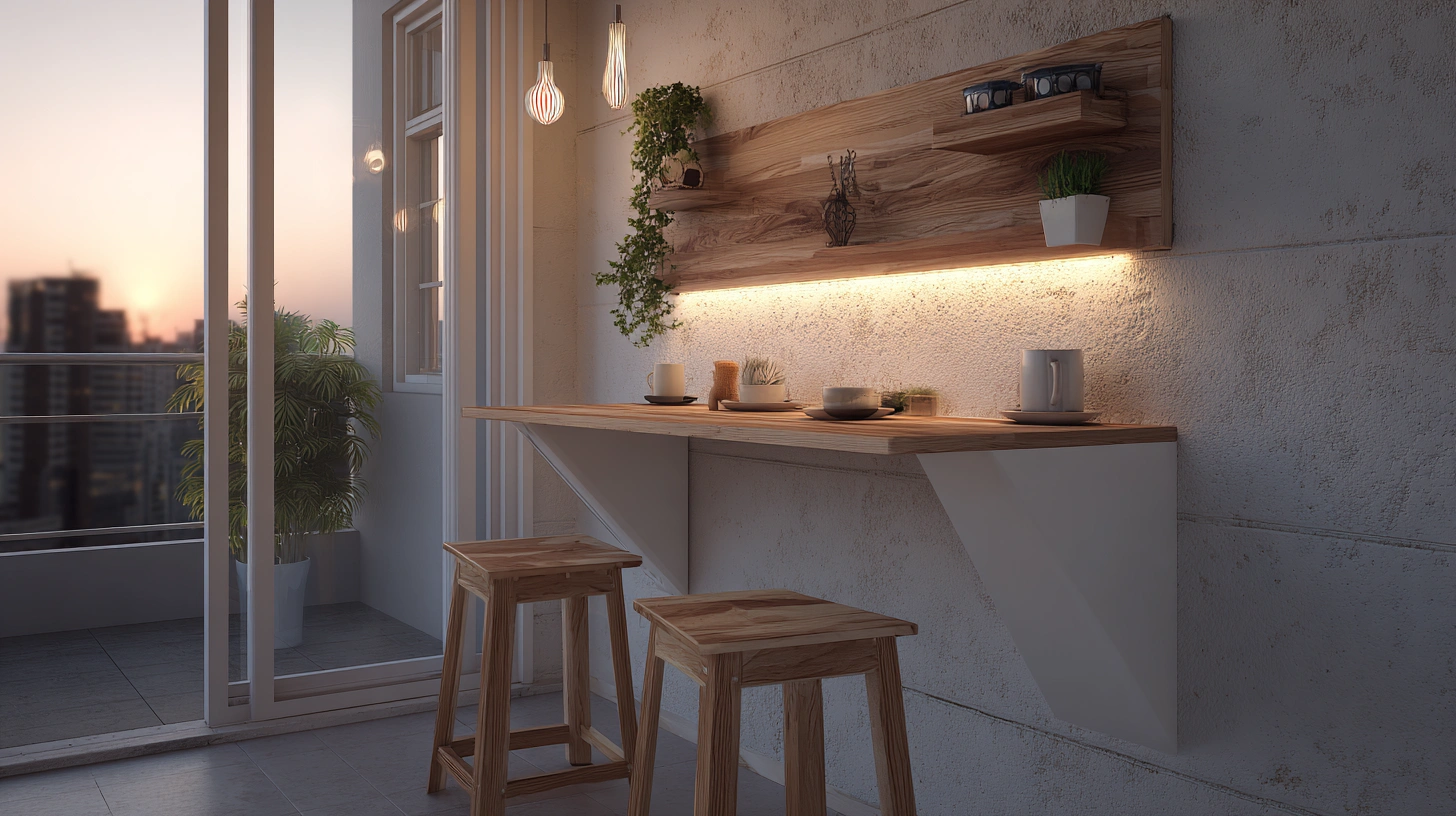 Wall-mounted bar table with two stools
