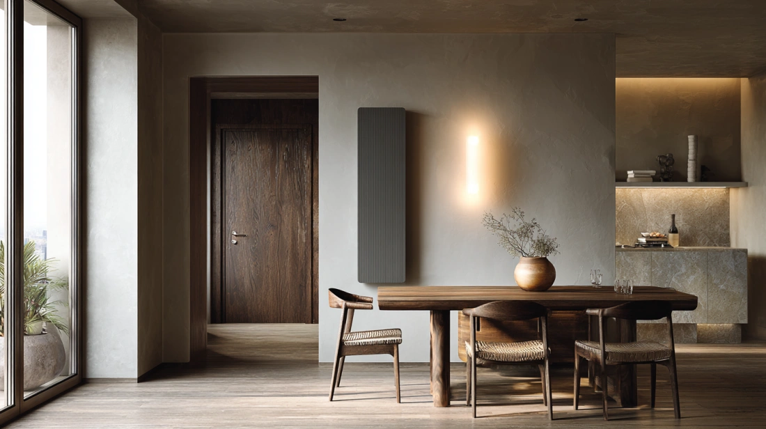 Collapsible table folded flat against wall