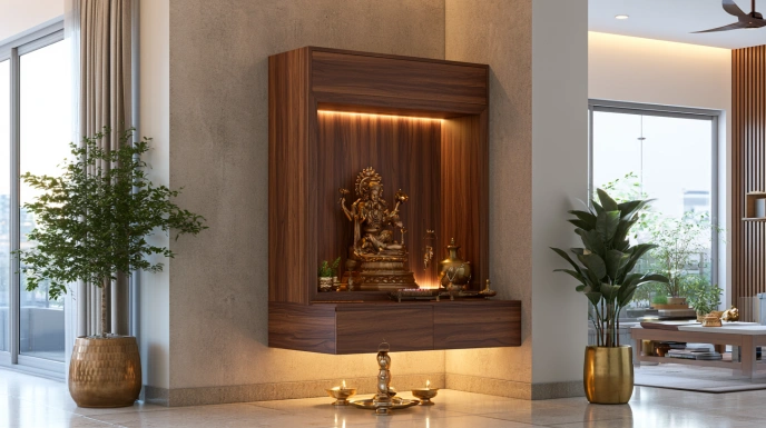 Wall-mounted corner pooja unit in a modern apartment