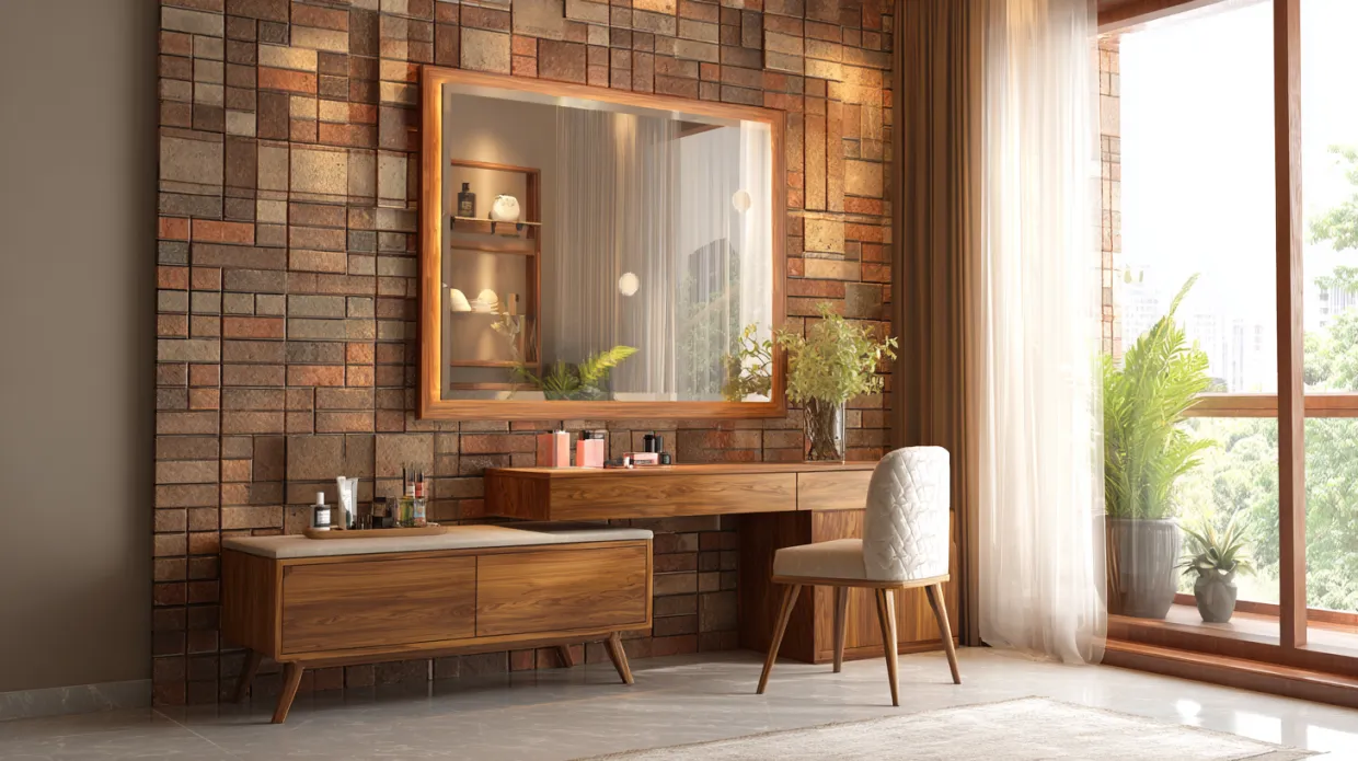 wall-mounted dressing table design with mirror and storage shelves, ideal for compact and modern bedrooms