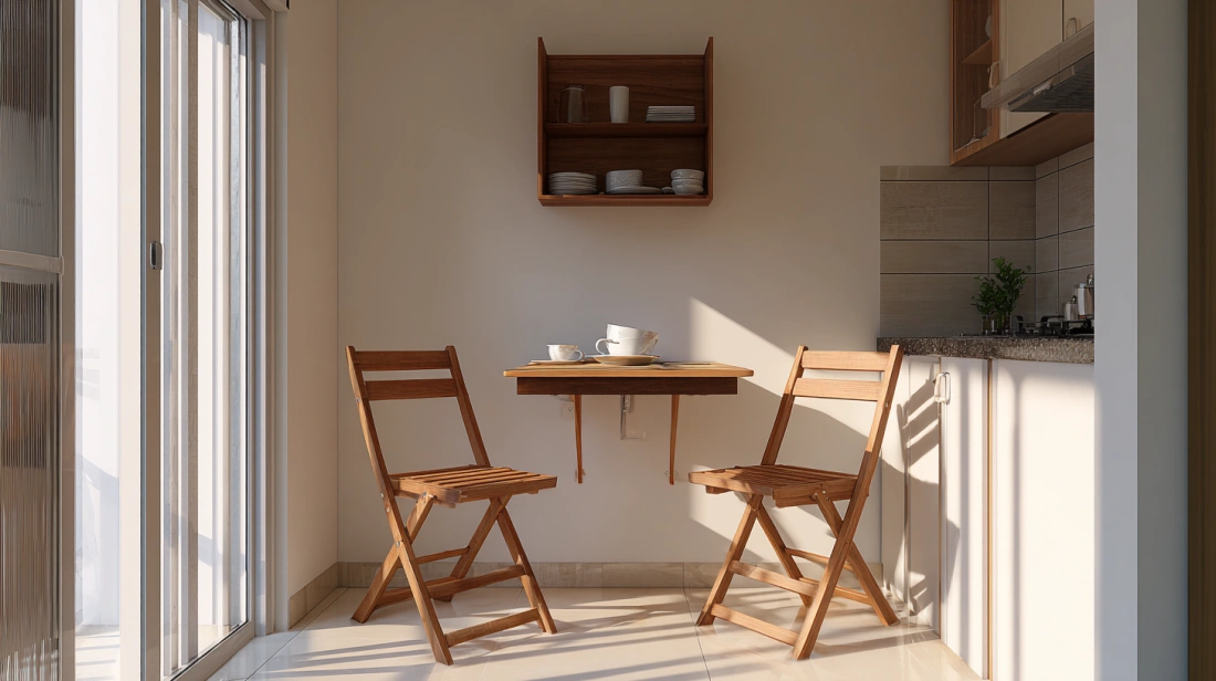 Drop-leaf dining table fixed to kitchen wall